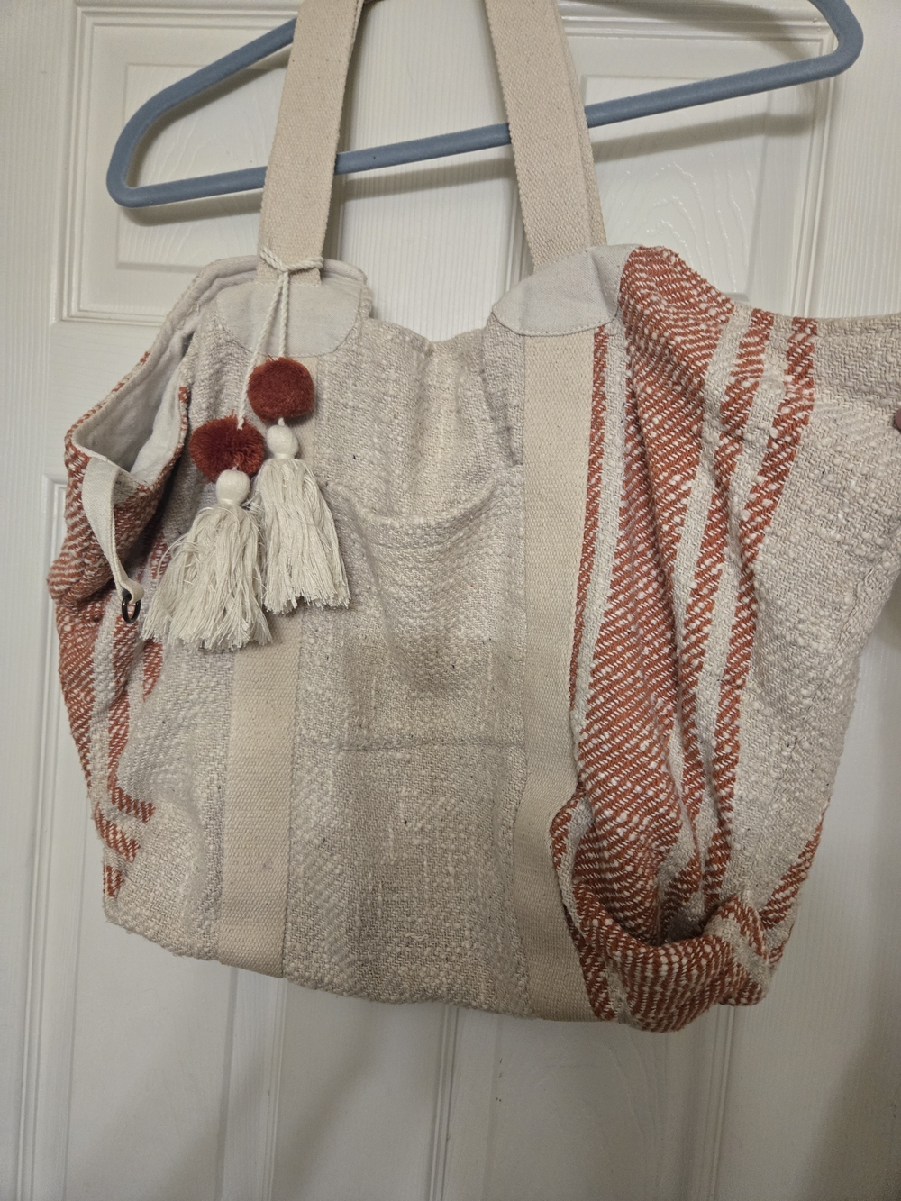 Stylish Cream & Rust Stripe Tote Bag with Tassel Detail